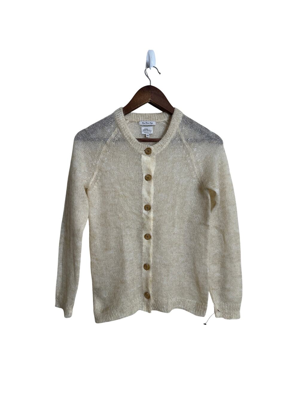 L.L.Bean Mohair Cardigan Sweater Fuzzy Sheer Halo Knit Ivory Womans XS